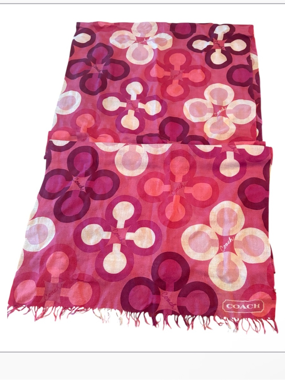 Coach Multi-C Floral / Op-Art Signature Silk/Cashmere Oblong Scarf 70”x20”